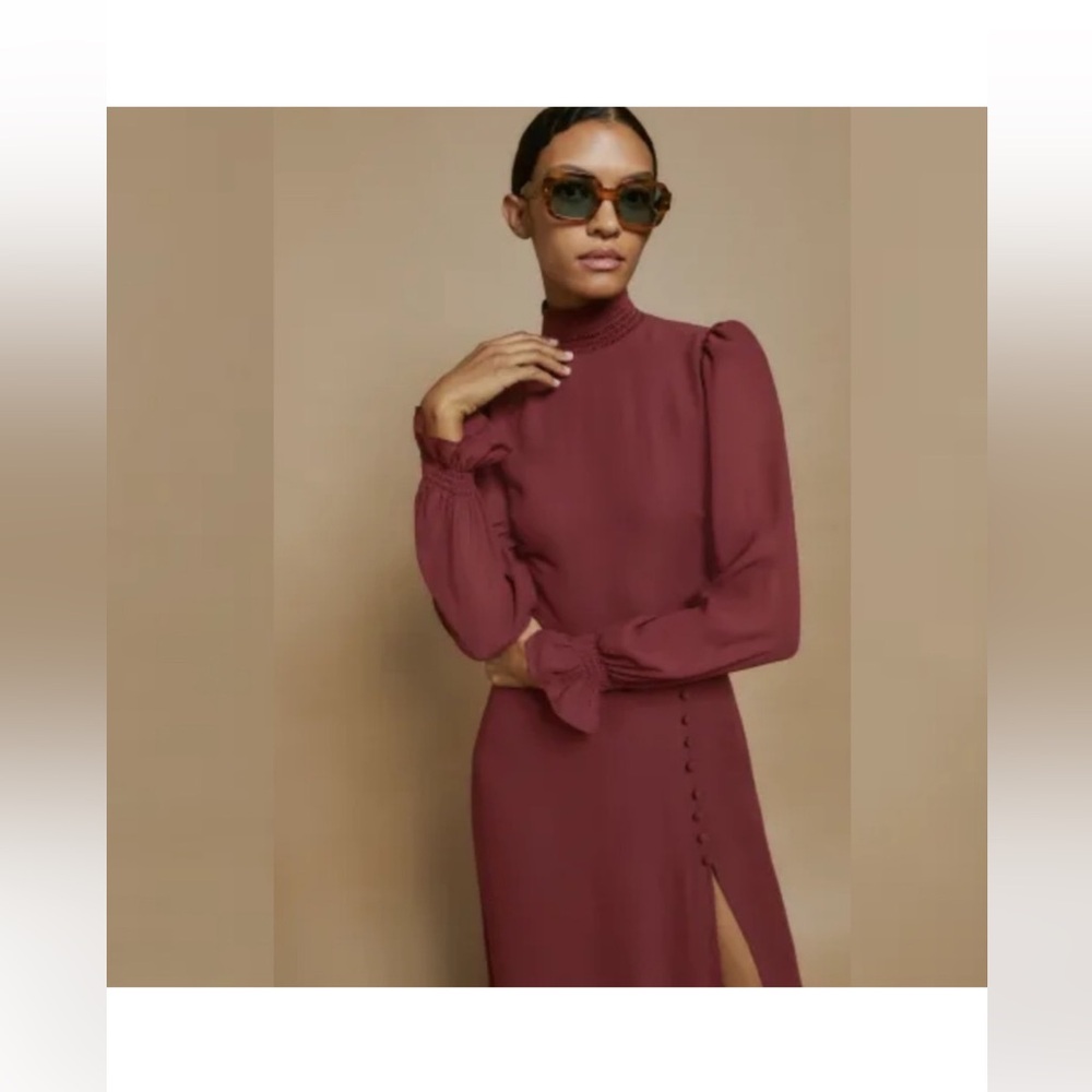 NEW Reformation Stevi Plum high neck long sleeve midi dress with slit